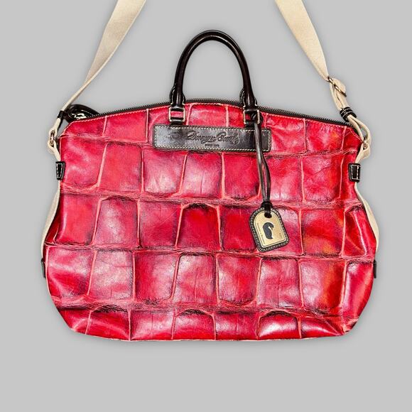 Vintage Dooney & Bourke Red Croc-Embossed Leather Satchel with Canvas Strap - Picture 3 of 6